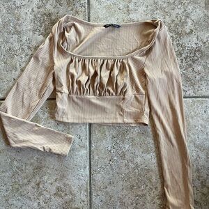 SHEIN Tan Ribbed Long Sleeve Crop Top